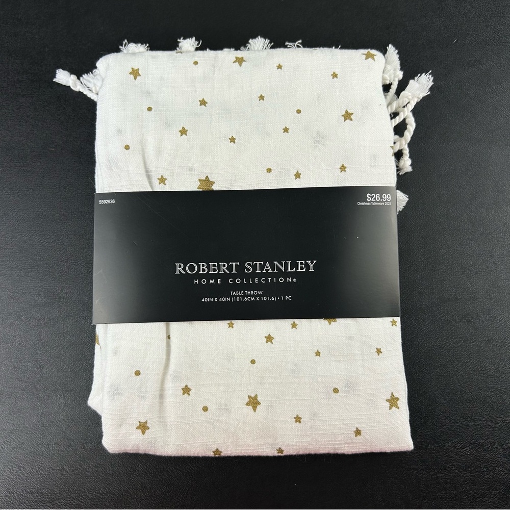 Robert Stanley White & Gold Stars Table Throw 40 x 40 Inches Home Collection